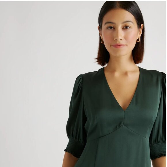 Washable Stretch Silk Puff Sleeve Mini Dress - Forest Green - Picture 2 of 9